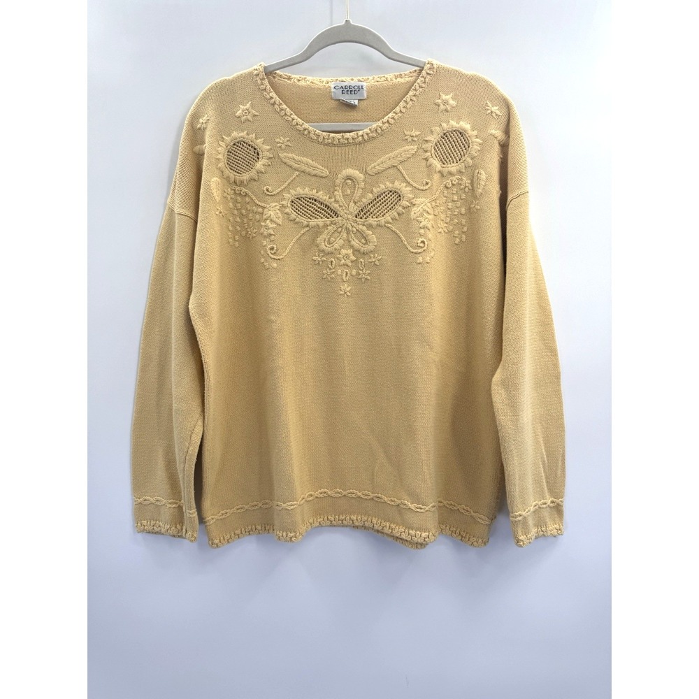VTG Carroll Reed Butter Pointelle Sunflower Stitch Knit Sweater XL Cottage Flora
